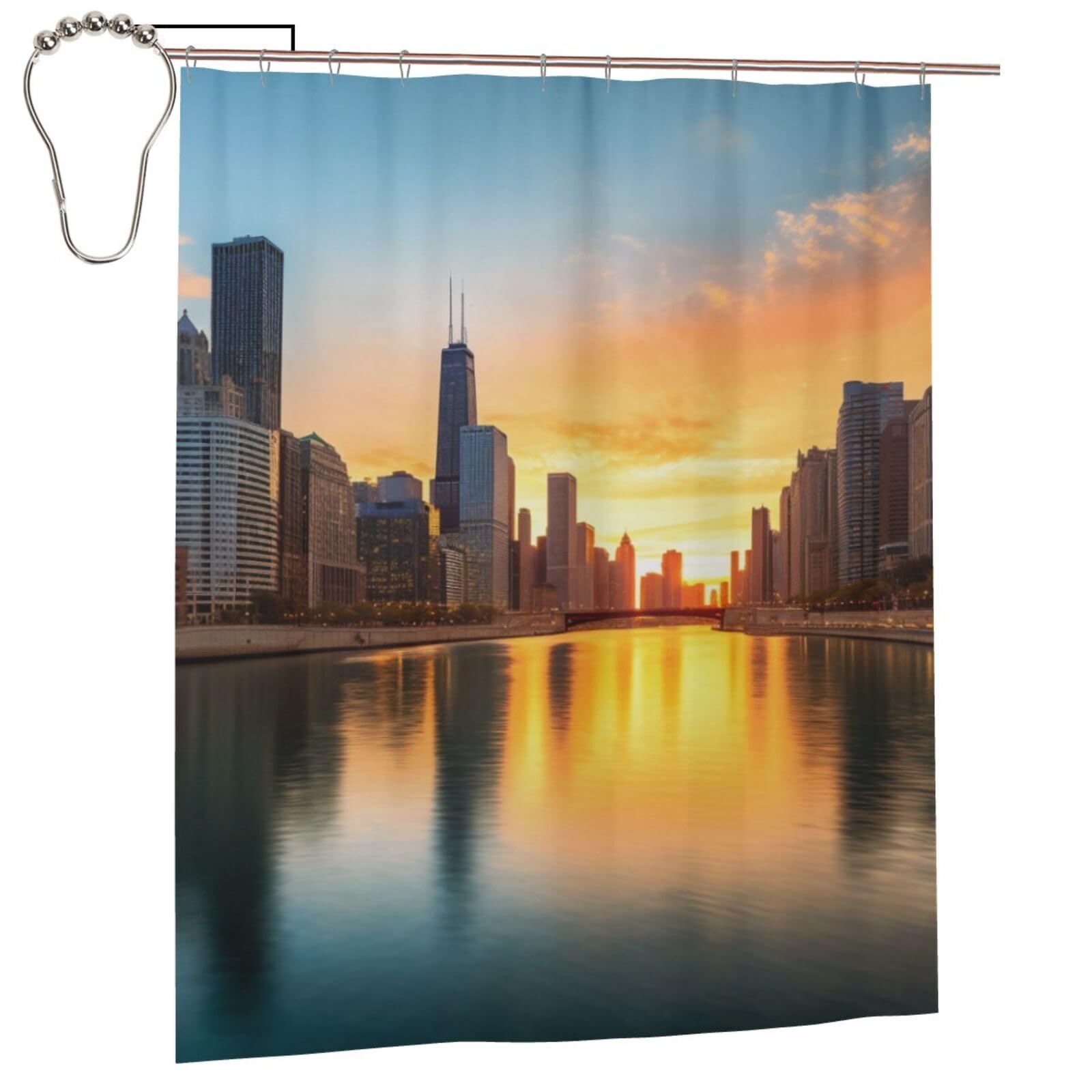 BWWHCCTI Chicago Downtown Sunset Printed Shower Curtain With 12 Iron Hooks Opaque Quick Drying Waterproof Shower Curtains Sets For Bathroom 152x183 Cm