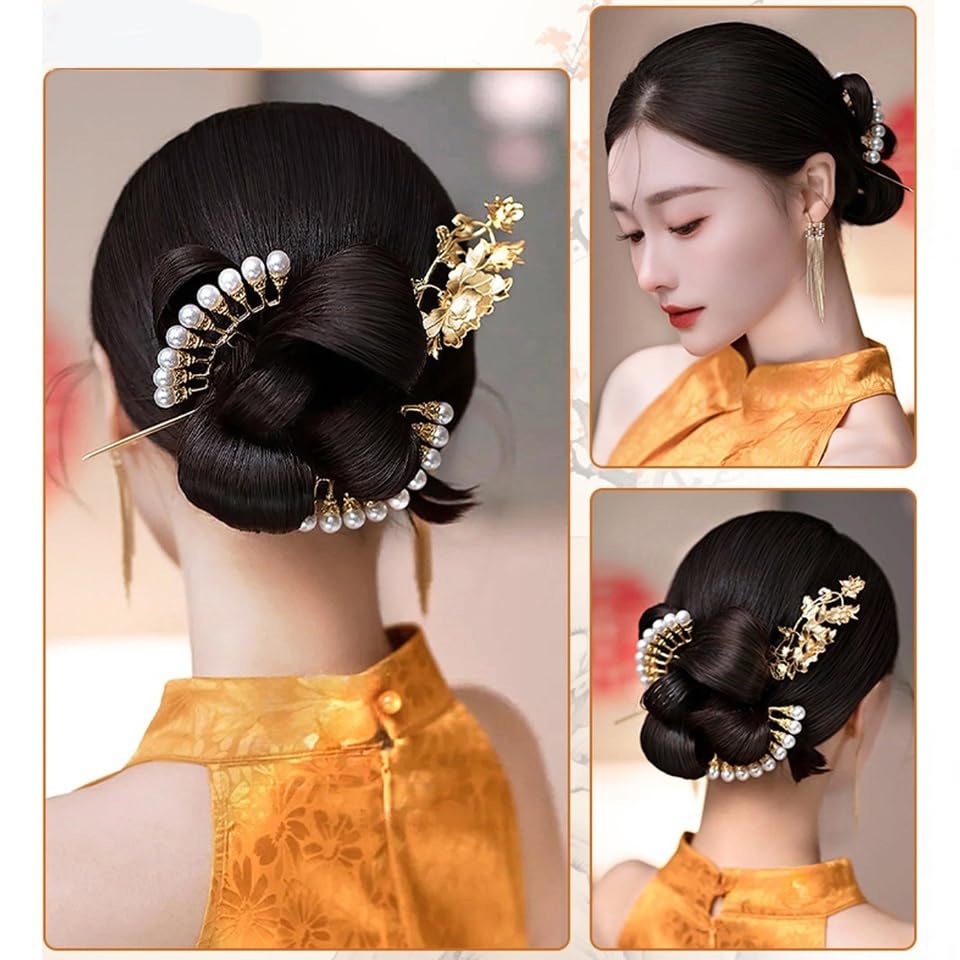 Hair Bun Synthetic Chinese Style Bun Hair Piece with Duck Billed Clip Hanfu Ancient Style Hair Extensions Scrunchies(Dark Brown)
