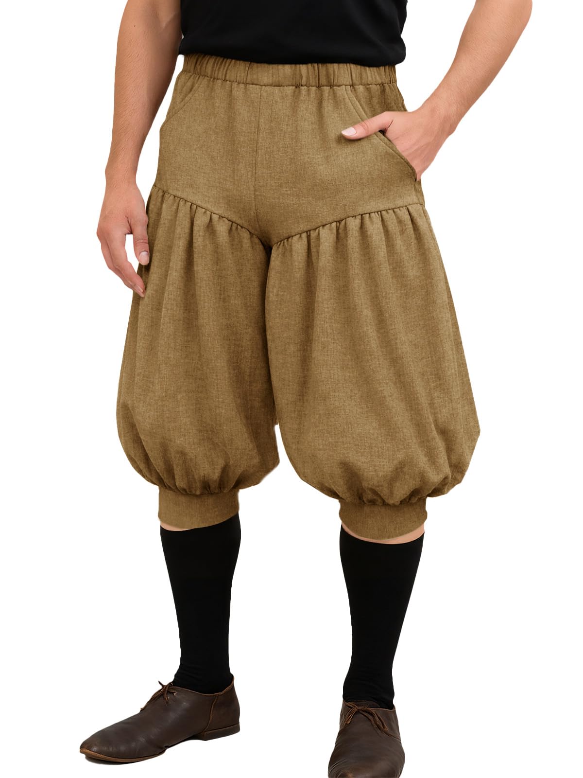 Runcati Mens Renaissance Medieval Pirate Shorts Colonial Pilgrim Viking Cotton Knicker Pants Halloween Costume Breeches, Camel, X-Large