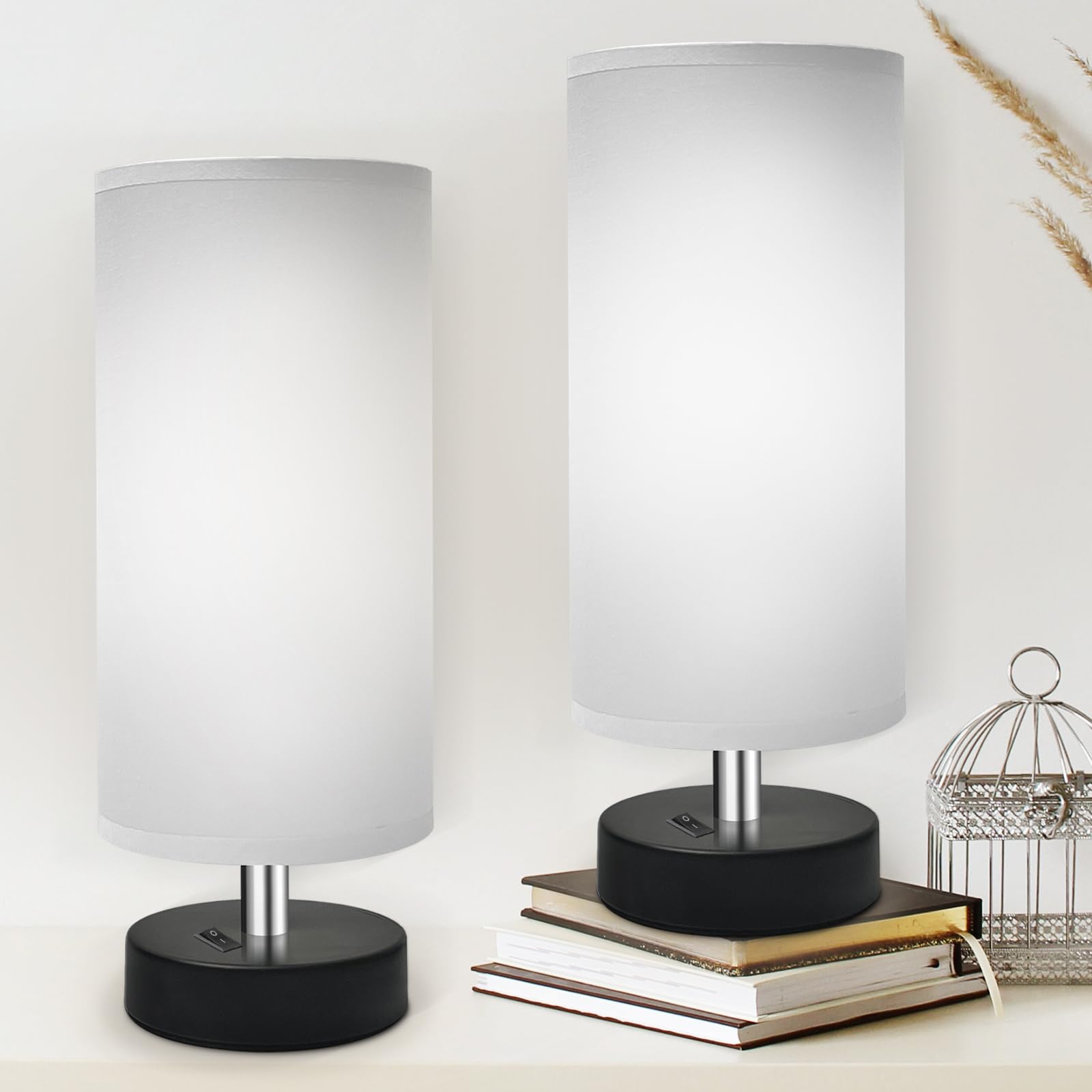 DEGNJU Small Lamp for Bedroom, Bedside Lamps for Night Stands, Mini Minimalist Table Lamp with Round Gray Fabric Shade, 11.4 Inch Desk Reading Lamp for Dorm Room Living Room Office Room, 2 Pack