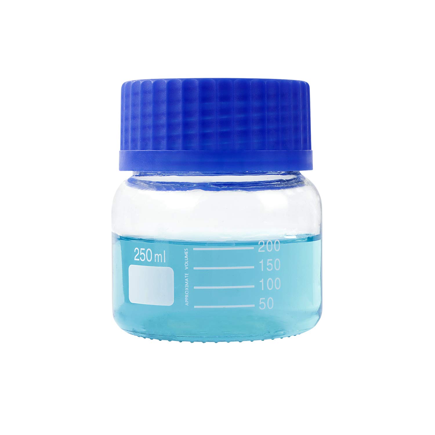 Paquete de 6 botellas de vidrio para laboratorio de almacenamiento de Pyrex de 250 ml de boca ancha graduadas con tapón de rosca de polipropileno azul GL80