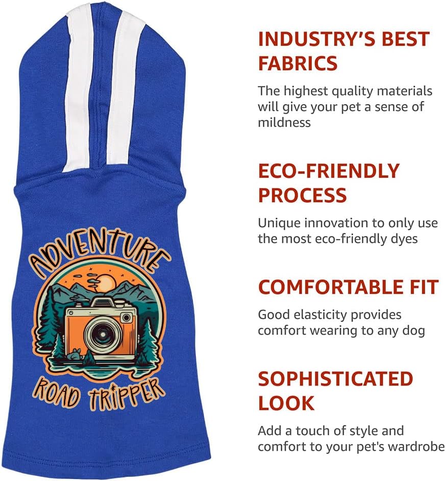 Adventure Road Tripper Dog Shirt with Hoodie - Camera Dog Hoodie - Sunset Dog Clothing - Black White, 2XL