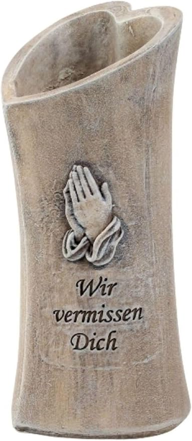 Grabvase mit Betenden Händen und Spruch ‘Wir vermissen Dich’, 17 cm, Grau-Beige