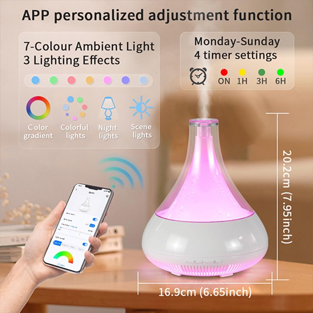 Diffusore di oli essenziali wireless smart WiFi, compatibile con Alexa e Google Home, app per telefono e controllo vocale, grande diffusore a ultrasuoni, impostazioni LED e timer