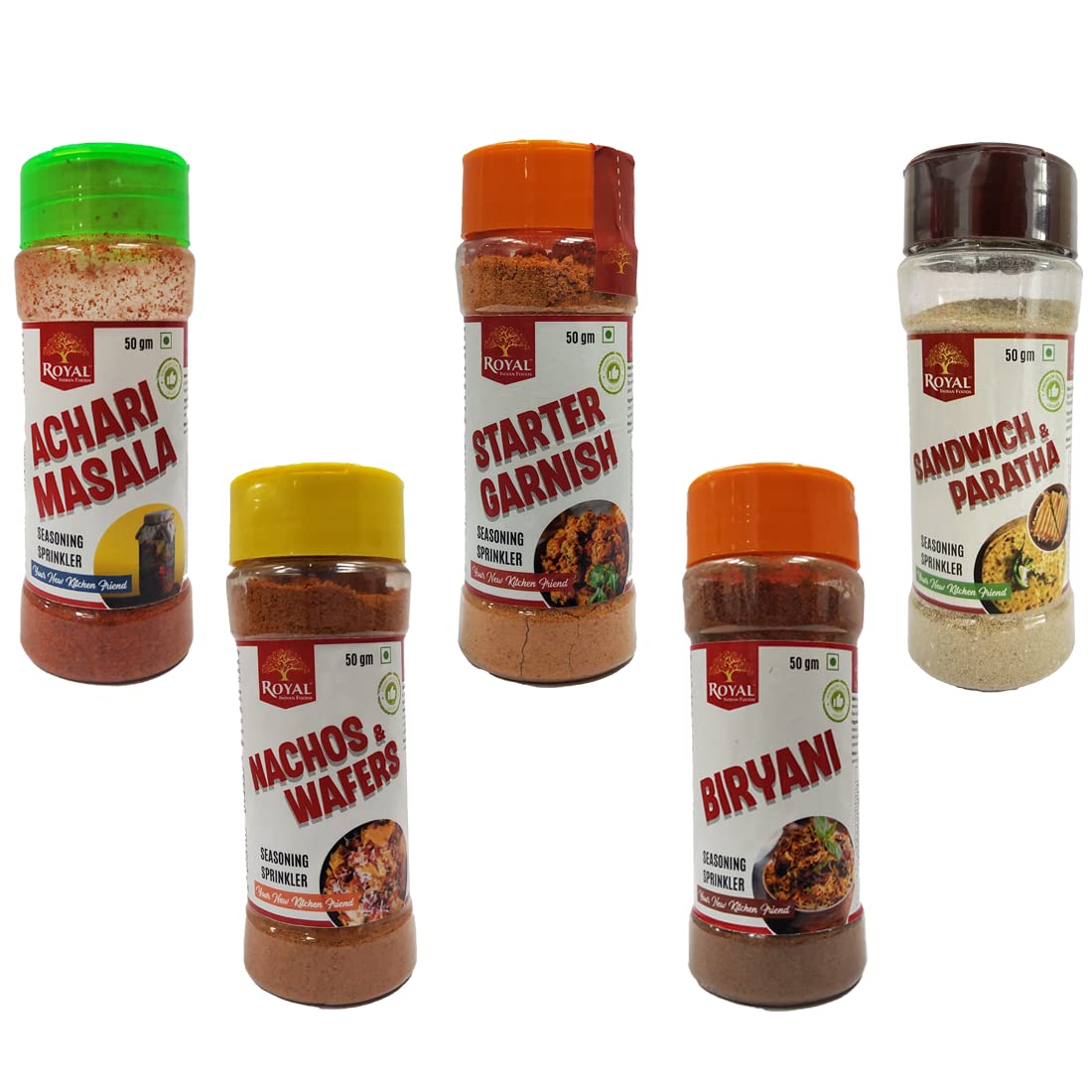 ROYAL INDIAN FOODS Sprinkler Combo Pack of 5(Achari Masala,Nachos&Wafers,Starter Garnish,Biryani ,Sandwitch&Paratha)Each of 50gm