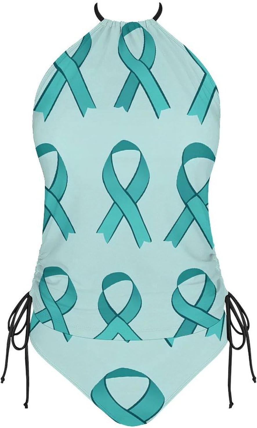 Cervical Cancer Awareness Ribbon Women Tankini 2 Piece Swim Bathing Suits | tummy control,high neck top with bottom,swimwear,swimsuits