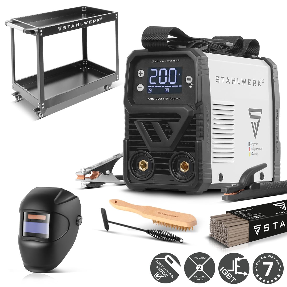 STAHLWERK Soldadora de electrodos ARC 200 MD Digital – Equipo completo con carro – Máquina de soldar MMA/Electrodo & Lift-TIG (DC) hasta 200 A, uso flexible sin gas, ARC-Force, Hotstart, Anti-Stick | MMA (E-Hand) & Lift-TIG (DC) hasta 200 A, flexible sin