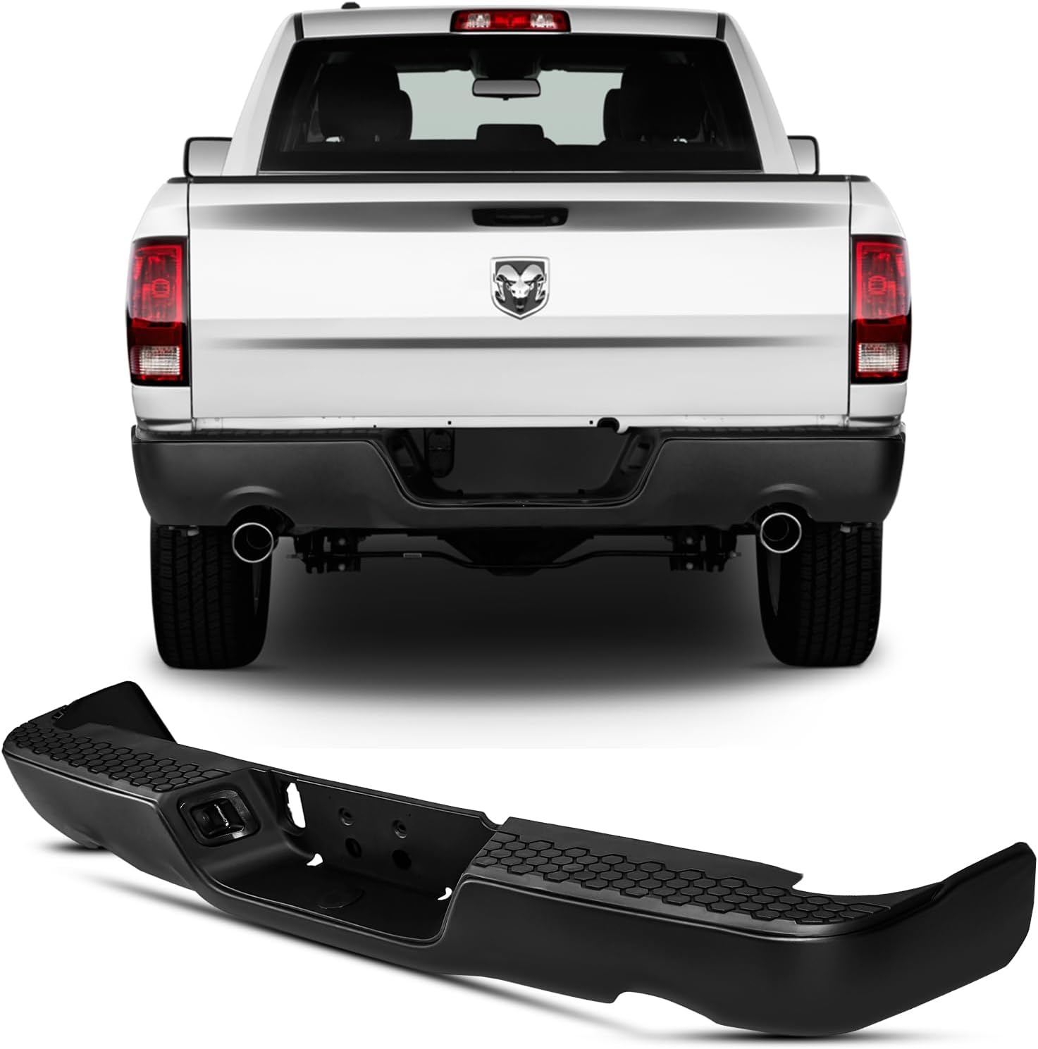 KYX Rear Bumper Compatible for Dodge Ram 1500 2011-2018/Ram 1500 Classic 2019-2022, Black Rear Step Bumper with Dual Exhaust Cut-Outs, without Sensor Hole, Replacement for CH1103123