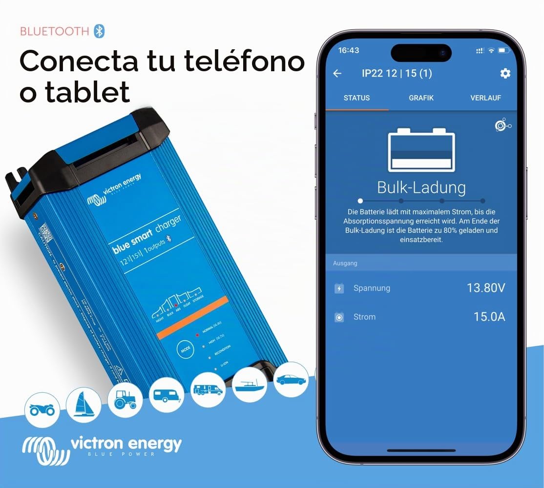 Victron Energy - Cargadore 15A 12V Victron Energy Blue Smart IP22 Bluetooth 12/15 1 Schuko - BPC121542002