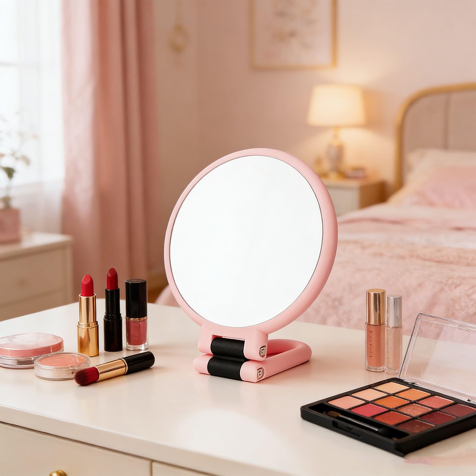 50X Magnifying Makeup Mirror,24cm Travel Folding Magnifying Mirror with 360° Adjustable Handle for Skincare & Beauty (Pink)