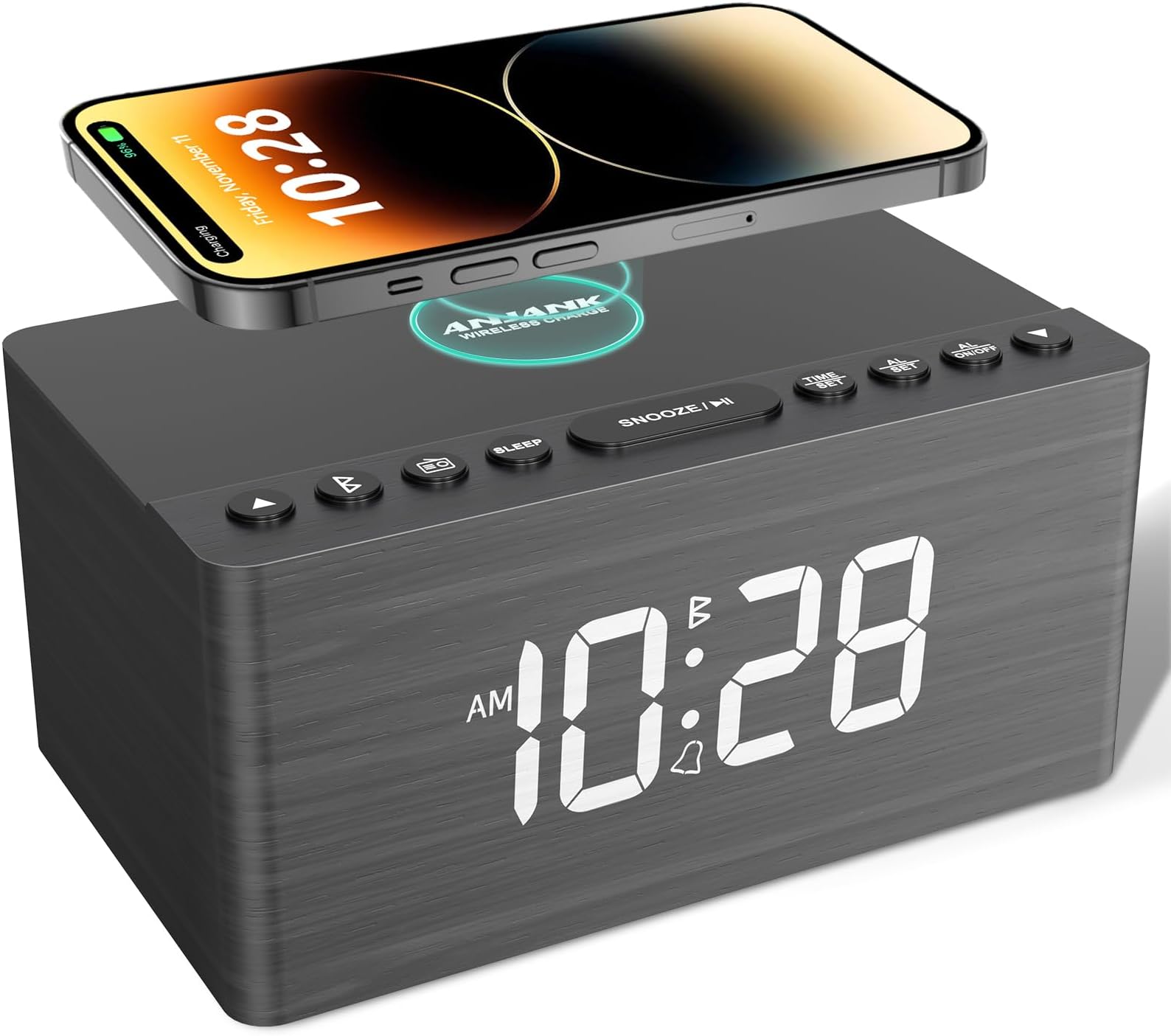 ANJANK Wooden Bluetooth Speaker Alarm Clock with Fm Radio, Wireless Charging Station for iPhone/Samsung, USB Charger Port, Dimmable Display, Sleep Timer, Digital Wood Bedroom, Bedside Grey+bluetooth