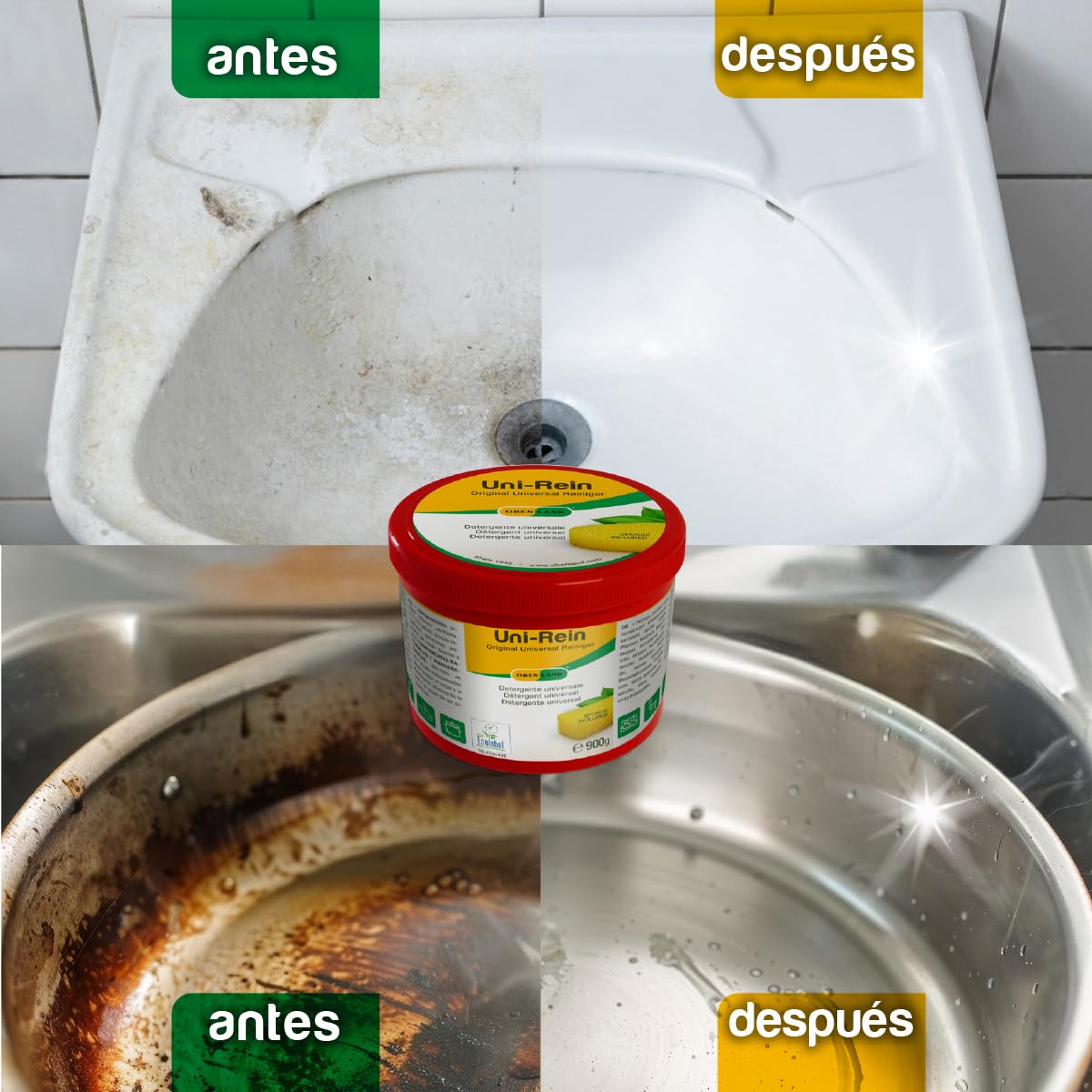 Obenland Uni-Rein Piedra de Limpieza Natural 3x300 gr– Limpiador Universal con Esponjas para Cocina, Baño, WC, Cristales, Inox, Zapatillas