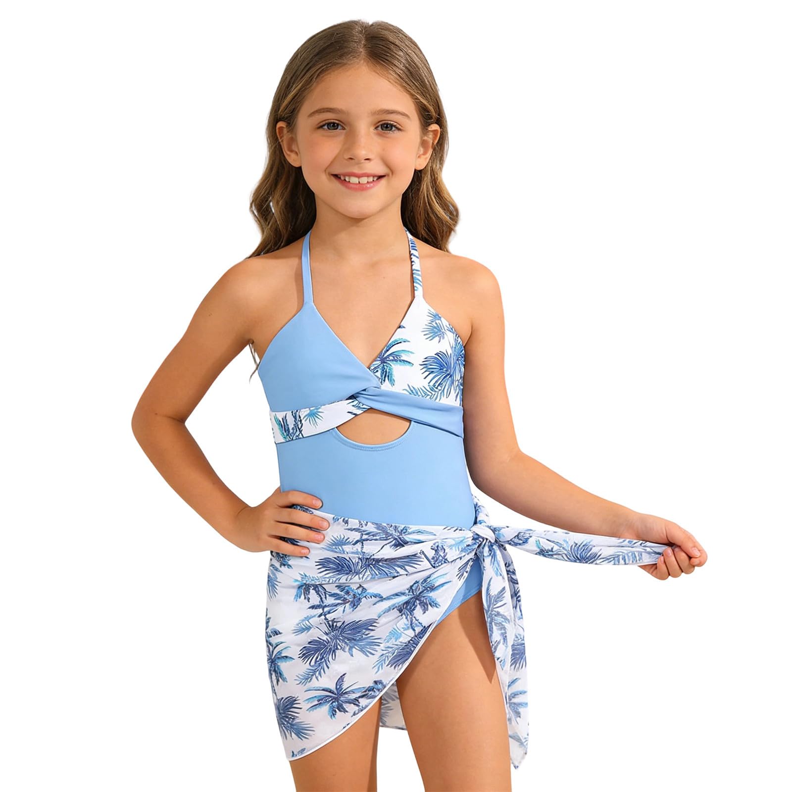 Generico Costume da Bagno Intero per Bambina con Stampa Tropicale, Schiena Scoperta e Gonna Integrata, Tessuto Elasticizzato UV50+ per Ragazze e Adolescenti, Asciugatura Rapida, Taglie da 3 a 14 Anni