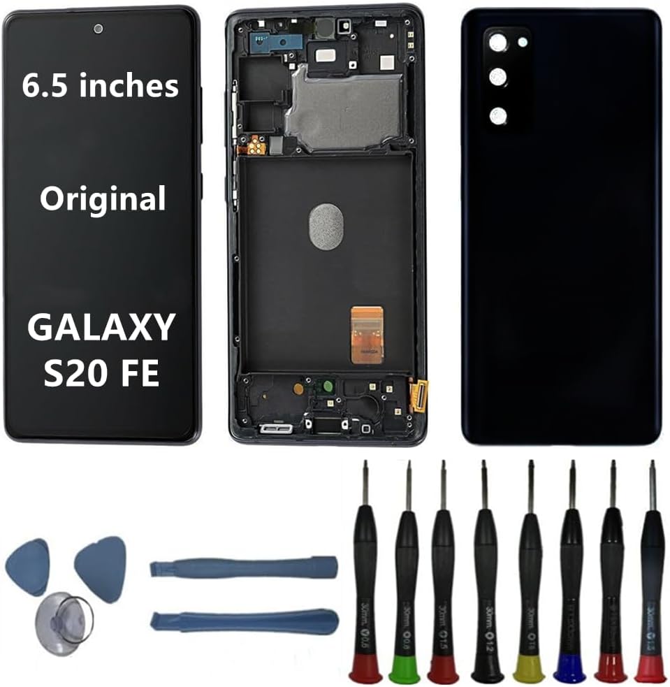 6.5"" Original AMOLED Display for Samsung Galaxy S20FE G781U G781B G780G SM-G781U1 Screen Replacement S20 FE 5G Display Touch Screen Digitizer Assembly (with Black Frame+Back Cover+Tools)