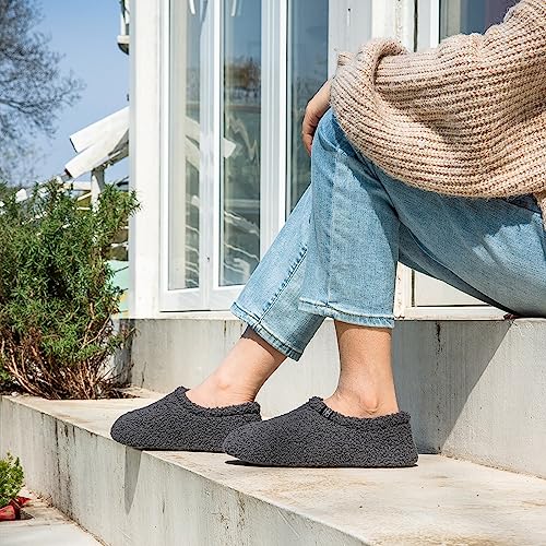 HomeTop Women's Set of 2 Pairs - Curly Teddy Fur Slippers (Size 7-8, Dark Grey) - Plush Collapsible Microsuede Heel Slippers (Size 7-8, Grey)2