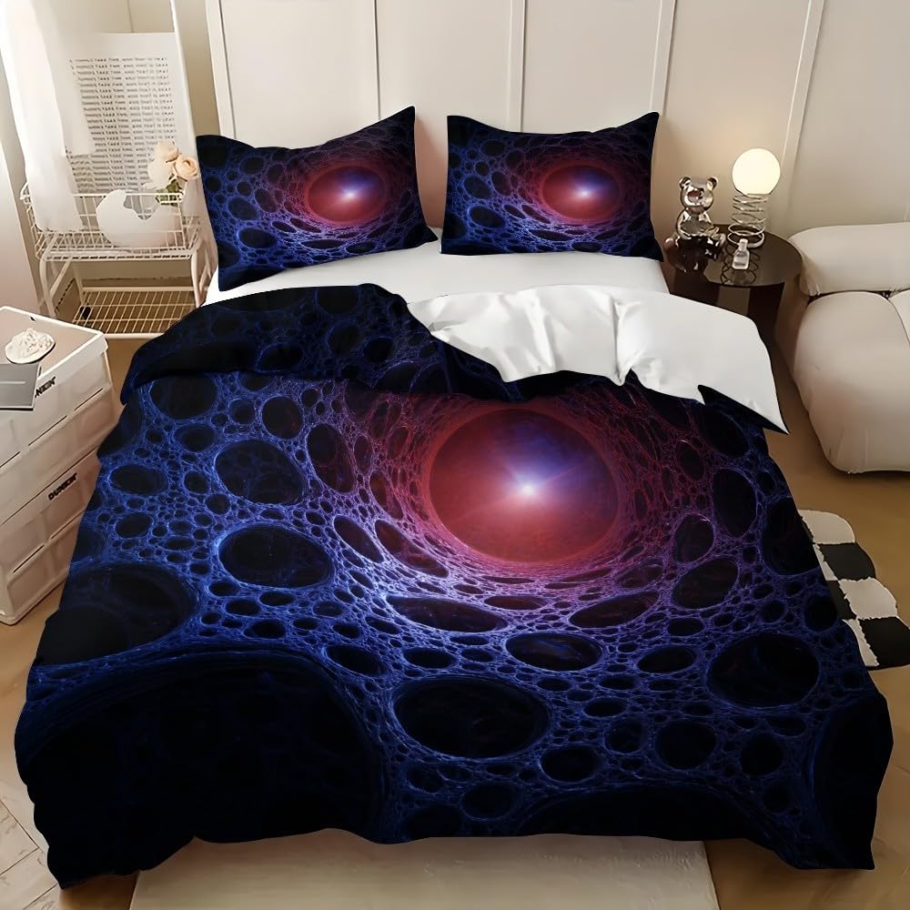 Housse de Couette 90x190 cm Bleue avec Parure de Lit 3 Pièces Motif Cellulaire 3D