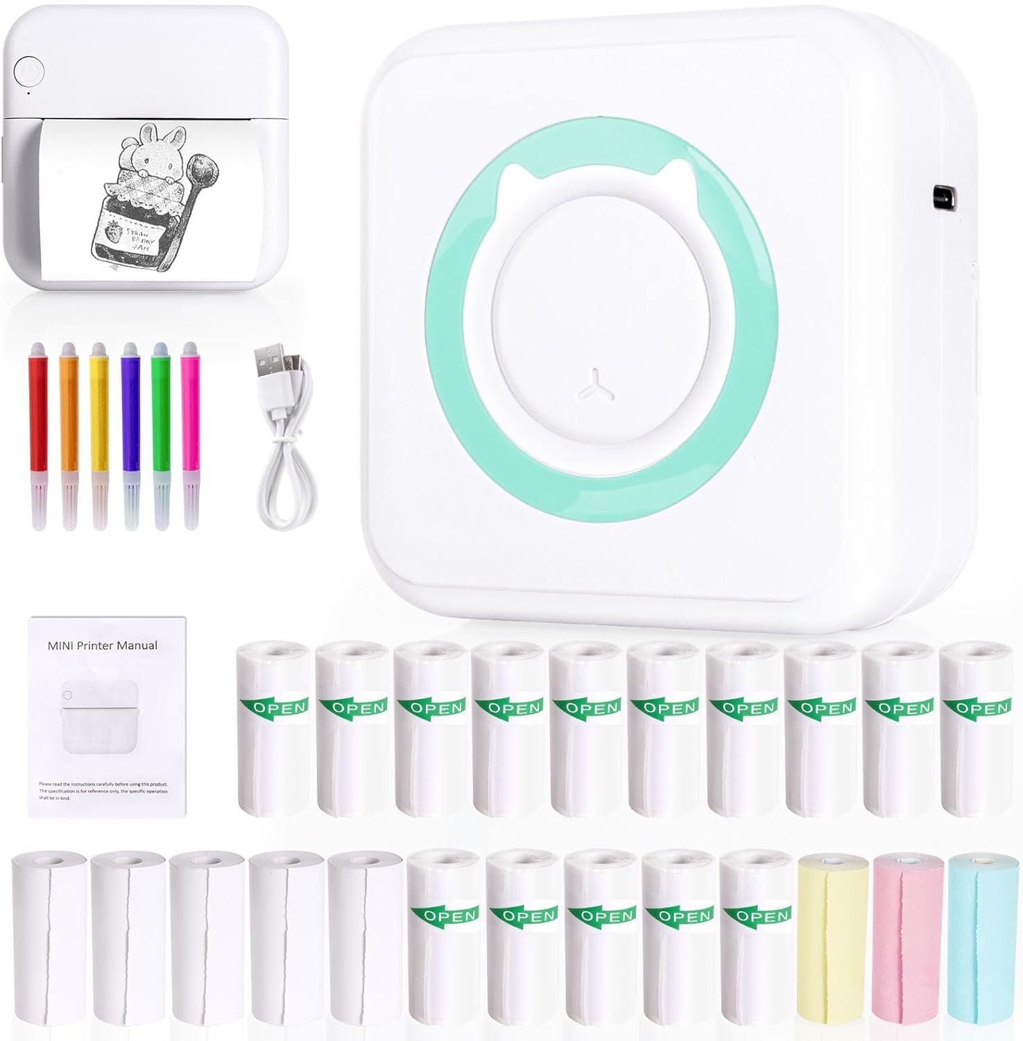 Mini Portable Printer with 24 Rolls Thermal Paper, Pocket