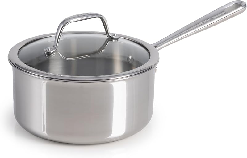 Pro Tri-Ply Stainless Steel 2 qt Saucepan with Lid, Induction Pot | NSF-certified tri-ply build, Glass lid traps heat, Oven safe to 500 °F, Built-in measuring marks, All cooktops compatible