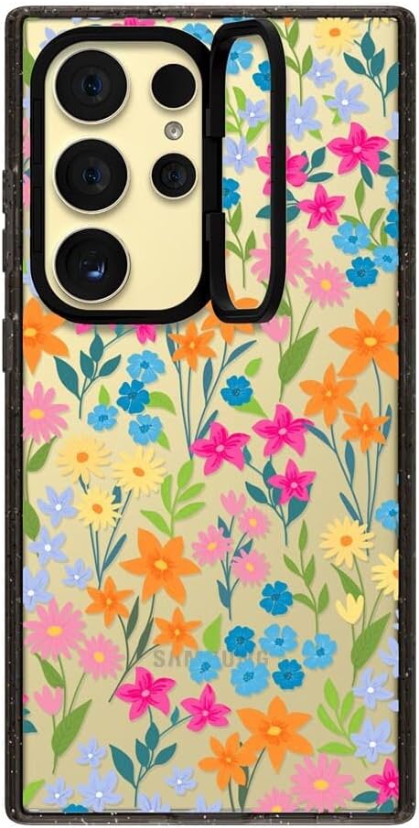CASETiFY Impact Ring Stand Galaxy S24 Ultra Case [3X Military Grade Drop Tested / 6.6ft Drop Protection/Compatible with Magsafe] - Bright Spring Flowers - Daisy Floral Pattern - Clear Black