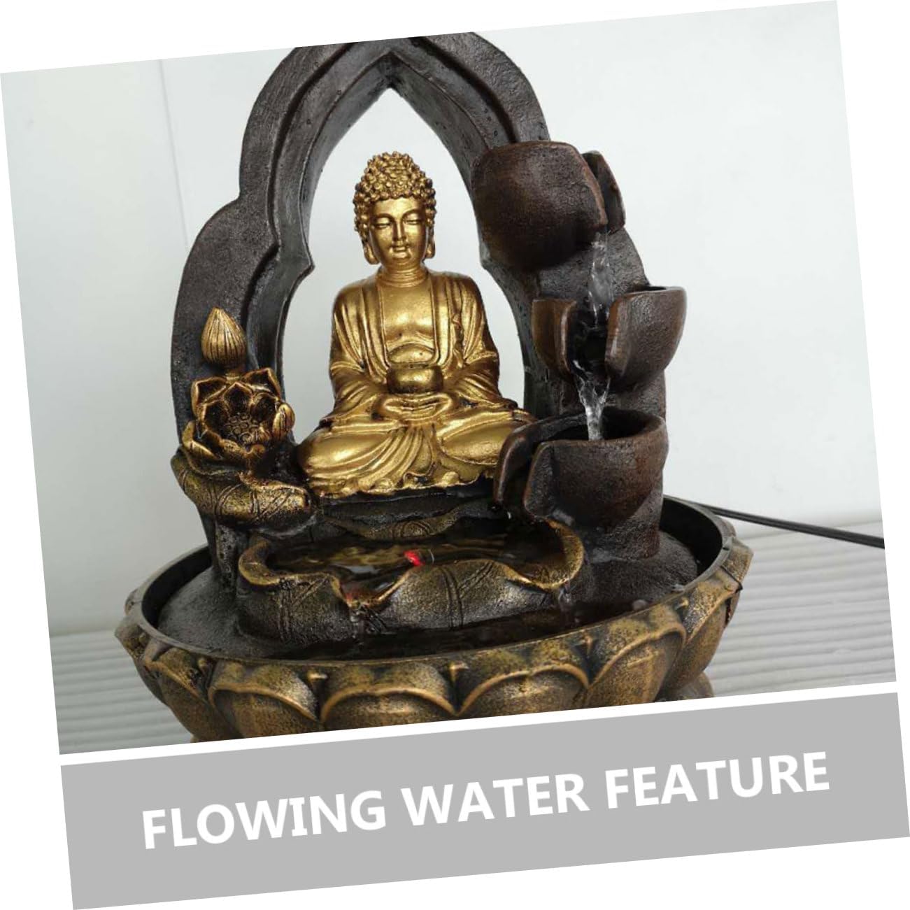 110v Tabletop Water Fountain Buddha Statue Resin Buddha Figurine Waterfall for Office Decor
