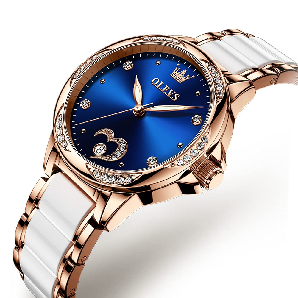 OLEVS Orologio automatico da donna meccanico a carica automatica, orologio da polso da donna con diamanti, orologio di lusso in ceramica oro rosa per donne amore cuore data