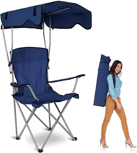 Miniatura 1 de TeqHome Silla de campamento con toldo de sombra, silla de césped plegable de alta resistencia con soporte para tazas, protección solar UPF 50+,