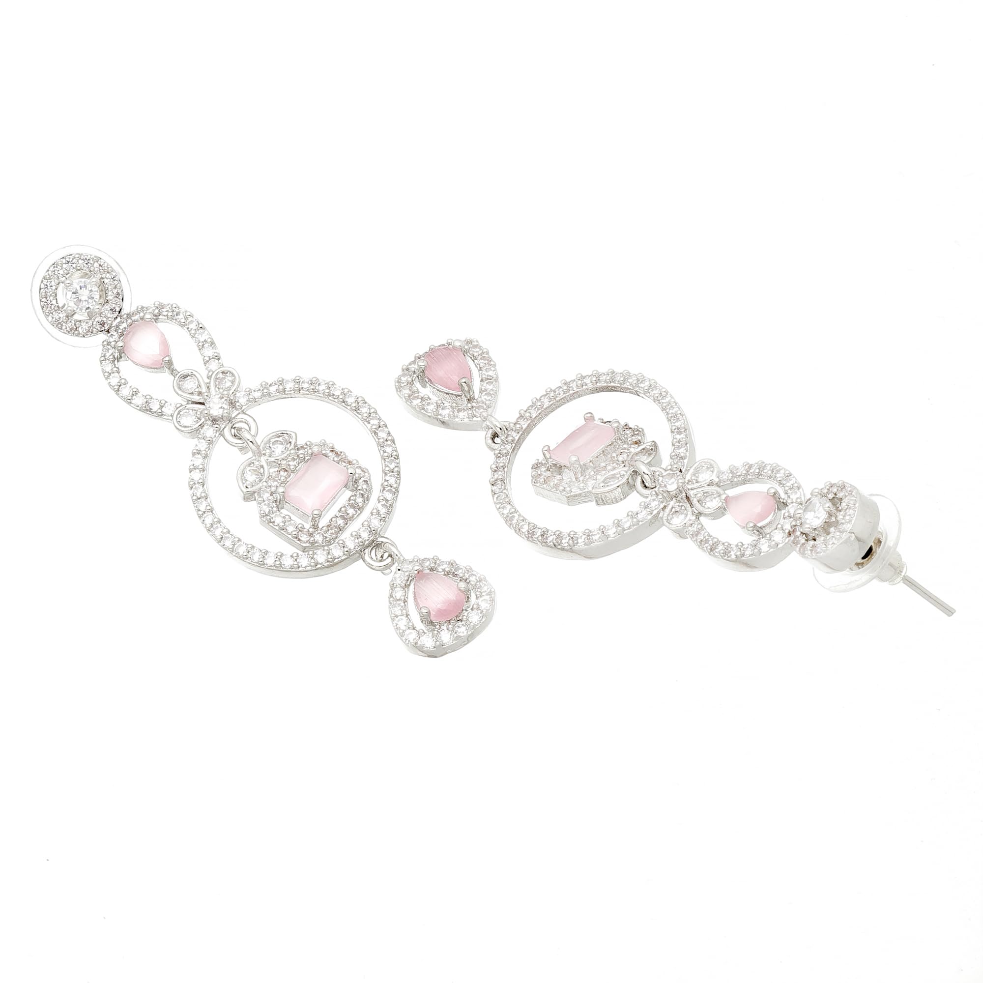 Rhodium-Plated Circular Drop Earrings with American Diamond