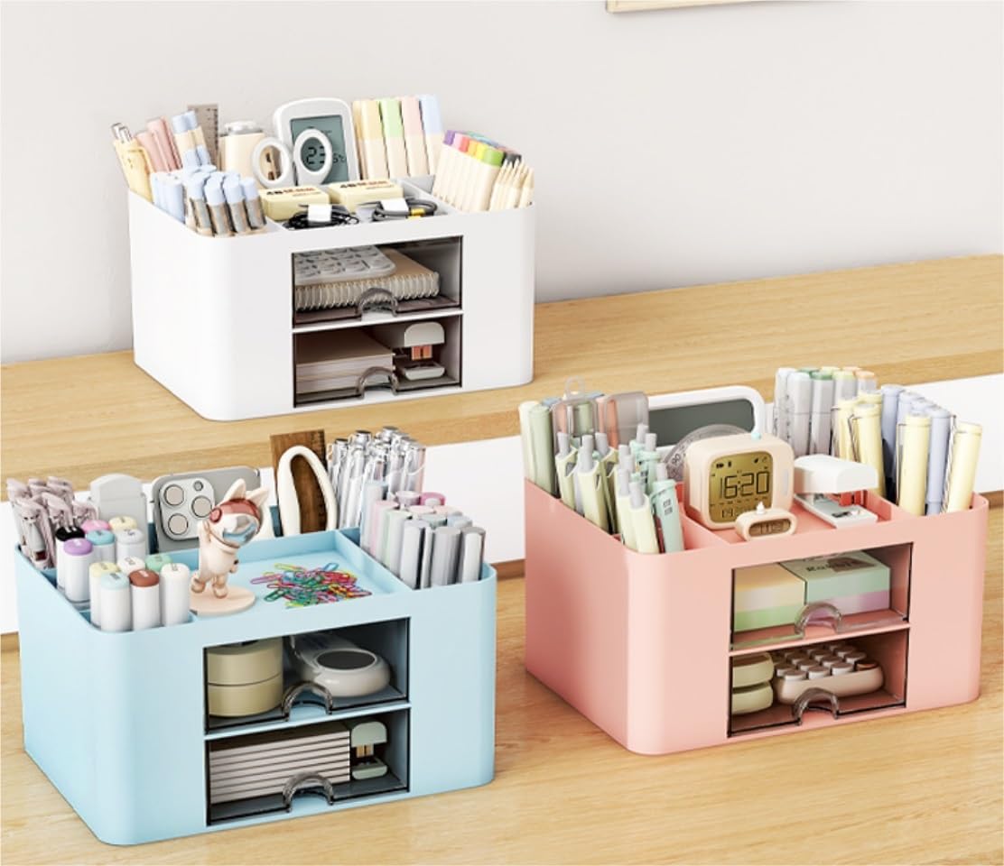Organizzatore Scrivania Organizer da Scrivania con 2 Cassetti in Plastica Tavolo, Portapenne, Portacarte, Scatola Portaoggetti per Forniture Ufficio Ufficio(B)