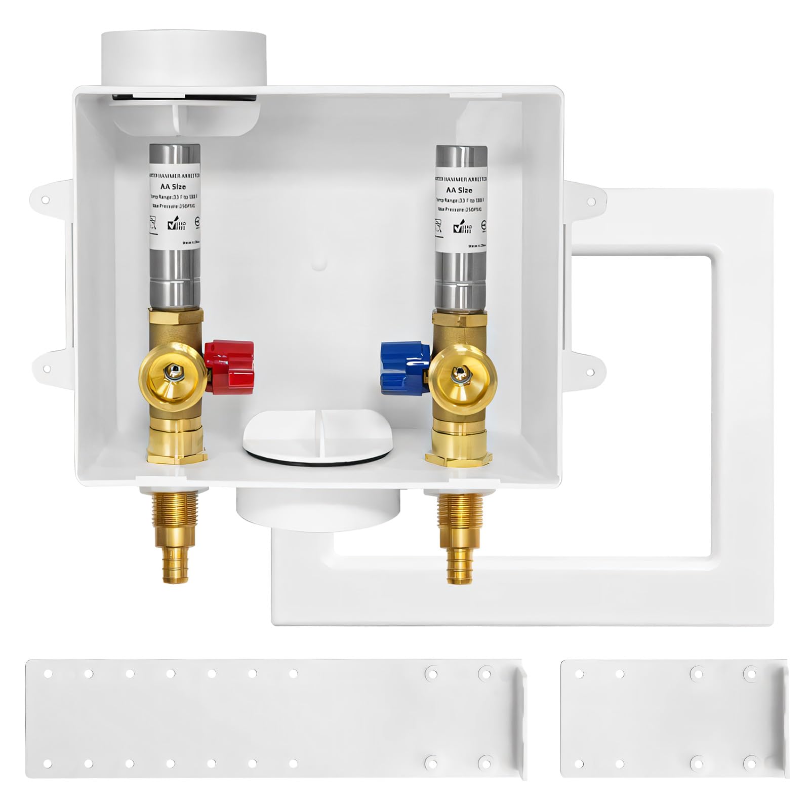 Boîte de sortie pour machine à laver (lavage), drain central/siphon latéral, entrée à sertir Pex 1/2" x raccord de sortie MHT 3/4", avec pare-marteau à eau en acier inoxydable