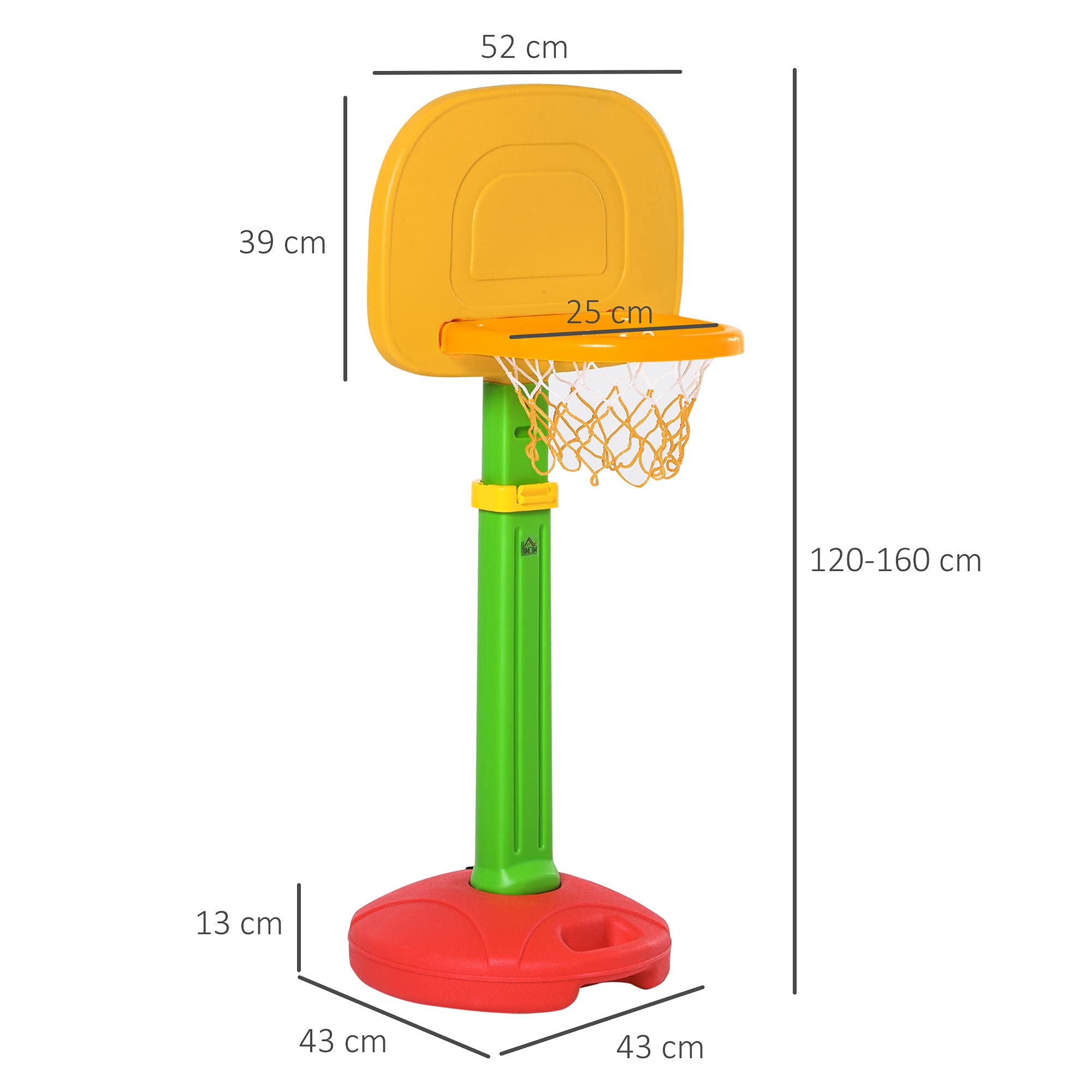 HOMCOM Canasta de Baloncesto Infantil con Altura Ajustable 2 Pelotas y Bomba de Aire para Niños +3 Años Juguetes Deportivos en Interiores y Exteriores 52,5x44x120-160 cm Multicolor