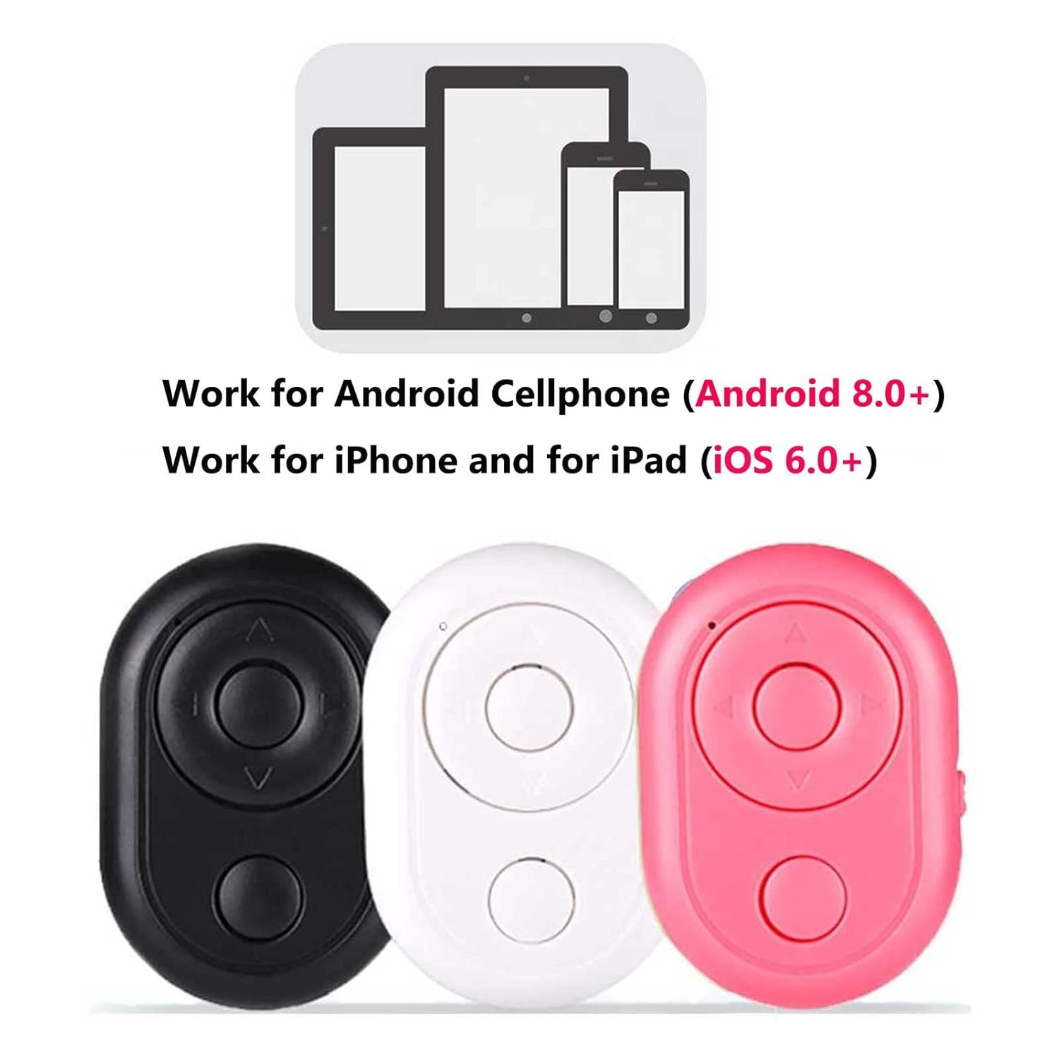 Three Seihoo remotes in black, white, and pink, with icons indicating compatibility with Android, iPhone, and iPad