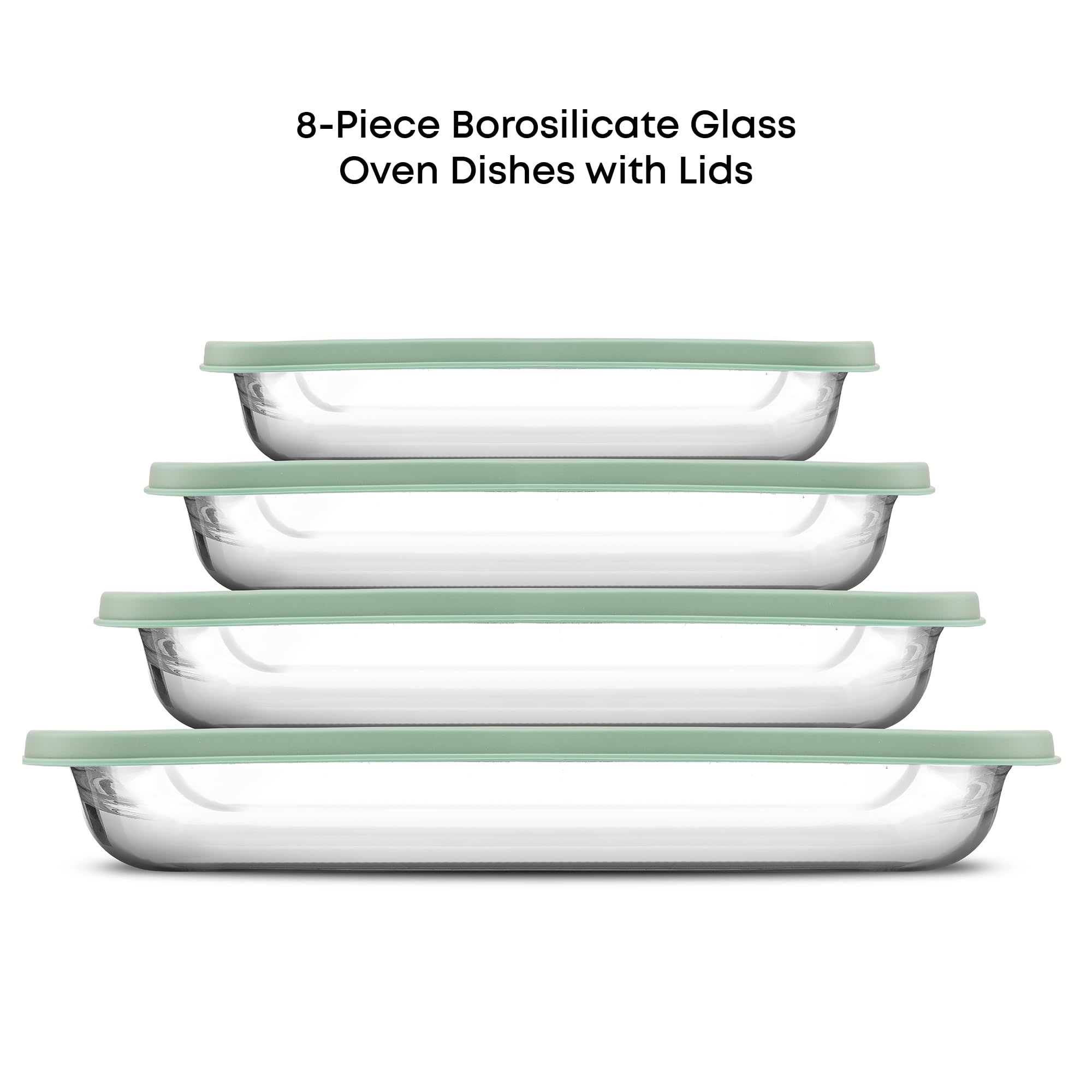 JoyJolt 8-teiliges Ofenformen-Set aus Borosilikatglas mit salbeigrünen Deckeln, rechteckiges tiefes Glas-Backform-Set, Backformen für Lasagne, Auflaufform, Kuchen, Backformen-Set, Gefrierschrank zu