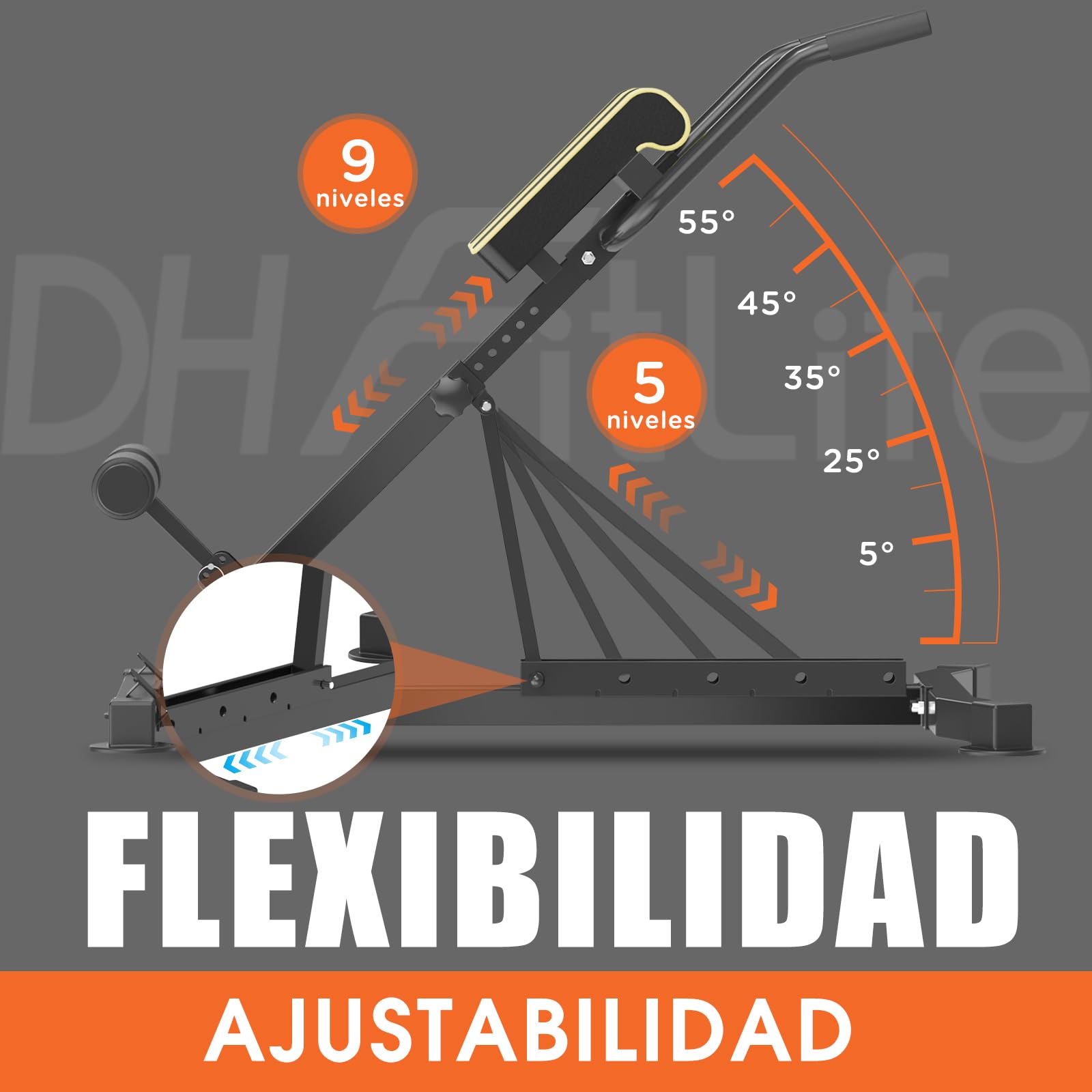 DH FitLife 5 en 1 Silla Romana Plegable, Banco de hiperextensión y de musculación, Altura y respaldo regulables, Soporta 150kg, Multifunción para entrenamiento de abdominales y espalda en casa