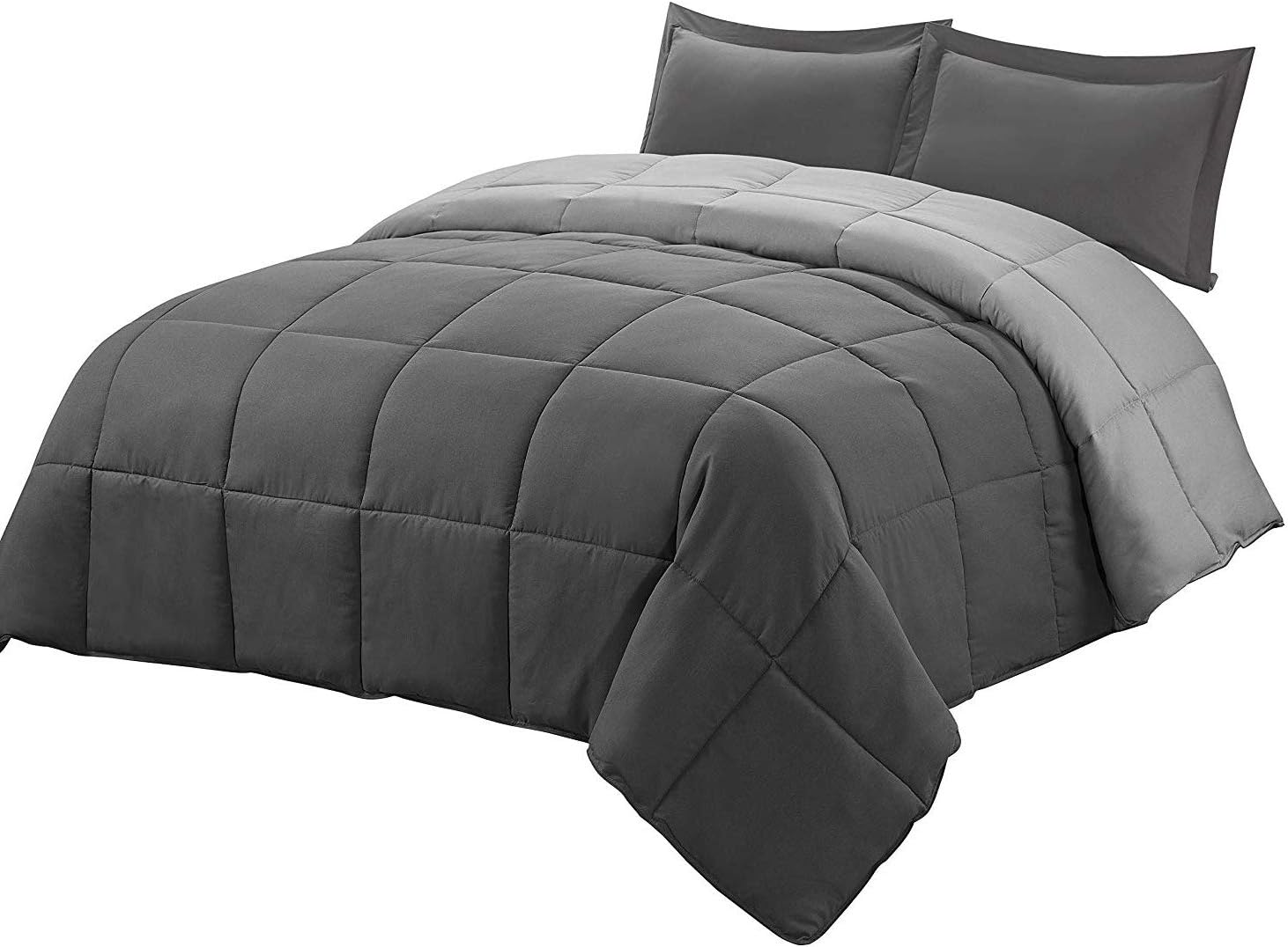 3 Piece All Season Down Alternative Comforter Set,Duvet Insert or Stand Alone with 2 Shams,Reversible Box Stitched Quilted Comforter with Corner Duvet Tabs,Soft Plush(King&CKing,Dark/Light Gray)…