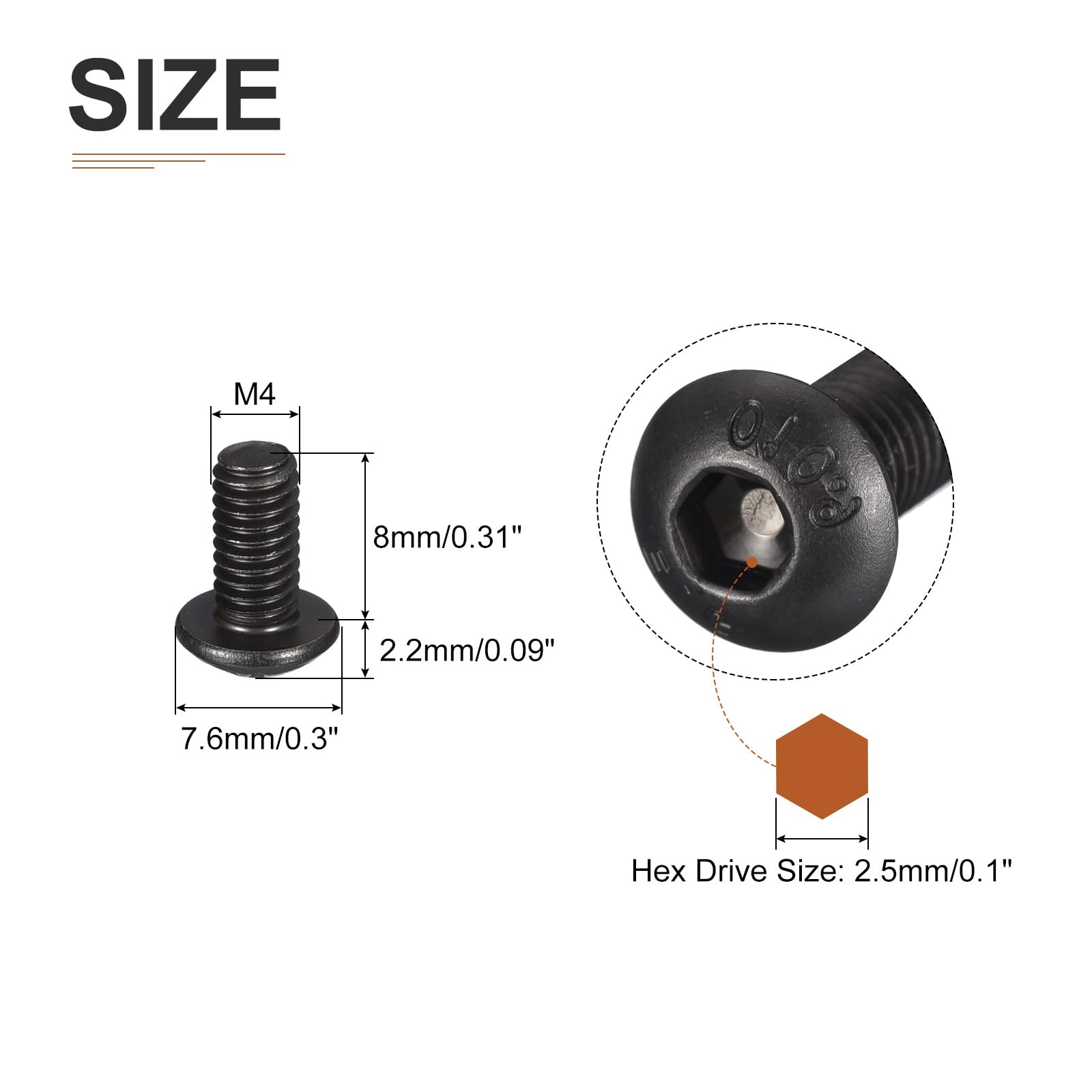 DTGN M4-0.7x8mm Button Head Socket Cap Screws - 50Pack - Good for Machine - Carbon Steel Black Oxide - Hex Drive Full Thread Fasteners - Image 2
