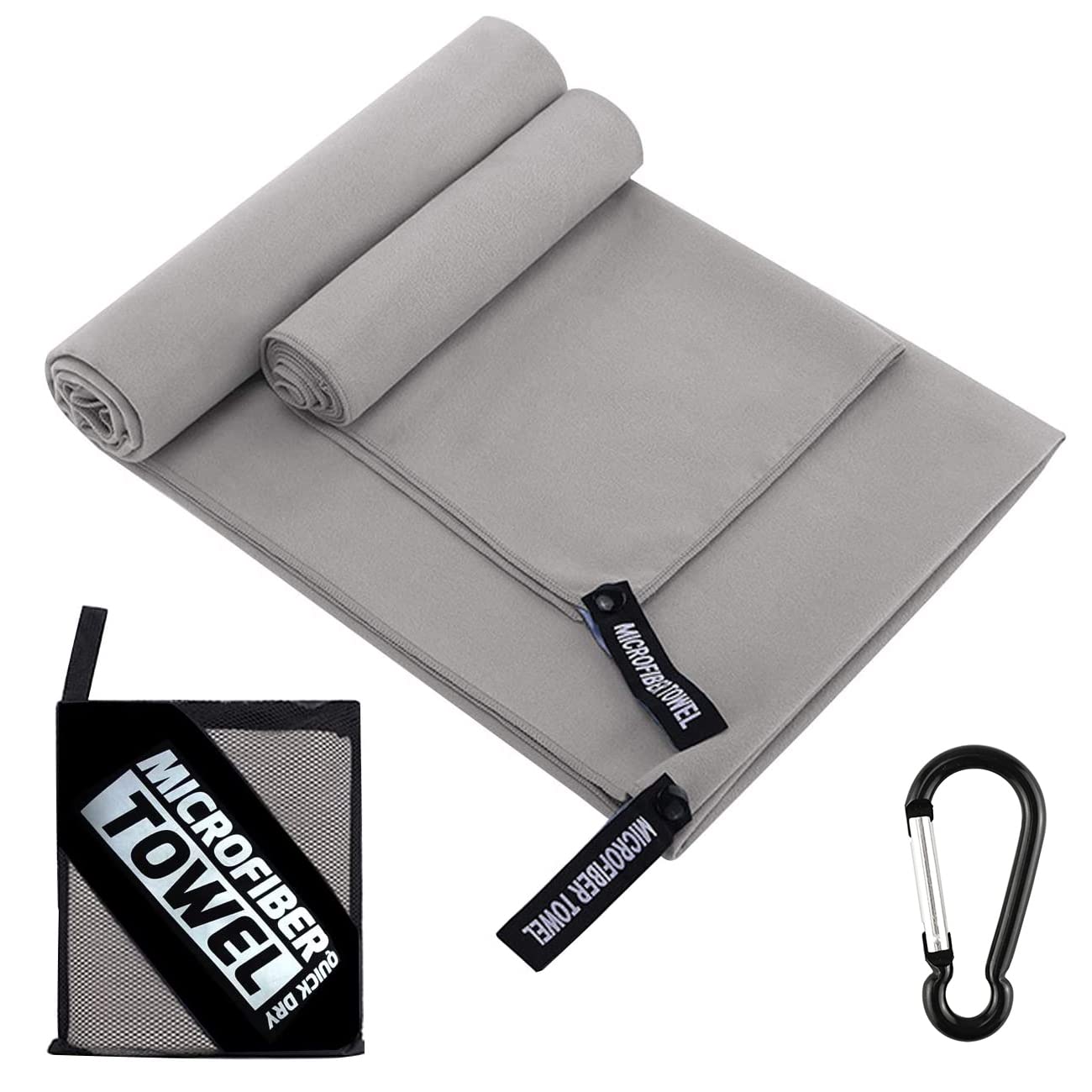 Microfiber Quick Dry Towels with Bag & Snap Hook (Grey, Pack of 2)