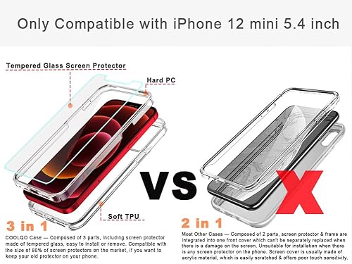 Miniatura 2 de COOLQO Funda compatible con iPhone 12 Mini con protector de pantalla de vidrio templado, policarbonato duro y TPU suave, protección de grado