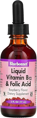 Bluebonnet Nutrition Vitamina líquida B12 y ácido fólico, para impulso de energía*, sin soja, sin gluten, sin lácteos, vegano, 400 mcg de ácido