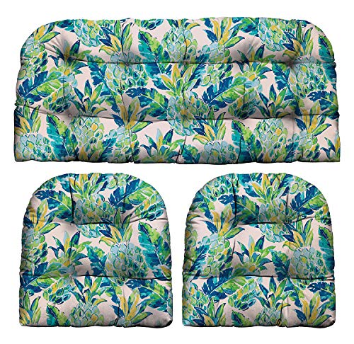RSH DÃ©cor Indoor Outdoor Scroll & Medallion Prints - 3 Pc Tufted Wicker Cushion Set 1 Loveseat & 2 U-Shape-Choose Color & Size (Vida Opal Yellow Green Blue Lily Pineapple, LS 41