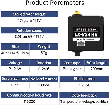 Hiwonder LX-824HV 17KG Torque 11.1V High Voltage with 3 connectors Bus Servo, Support Temperature, Voltage, Position Feedback (Control Angle 240)