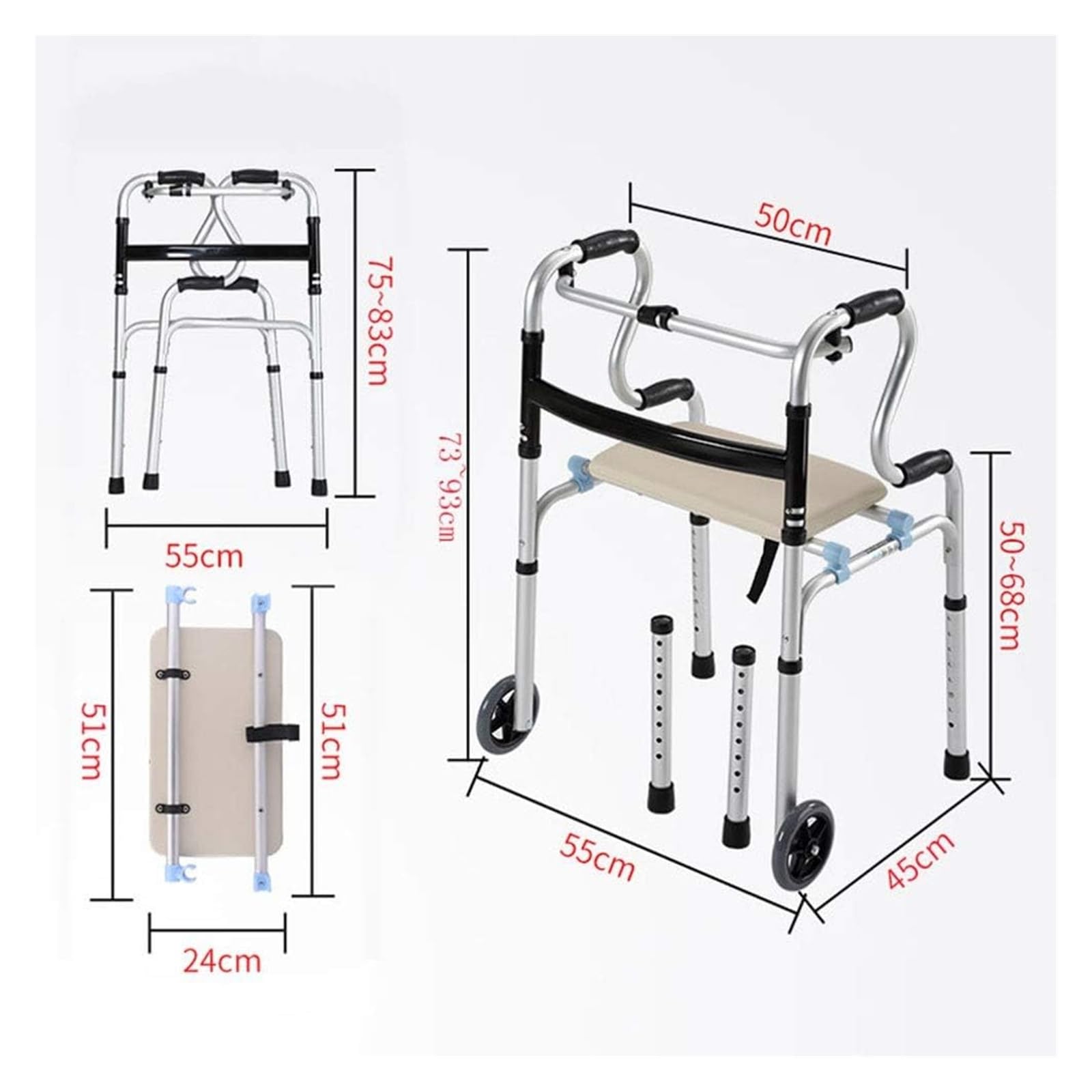 Folding Walker, Walkers for Seniors, Multifunctional Walker, Walking Aids Stent, Slip Foldable, Maximum 360 Lbs Load