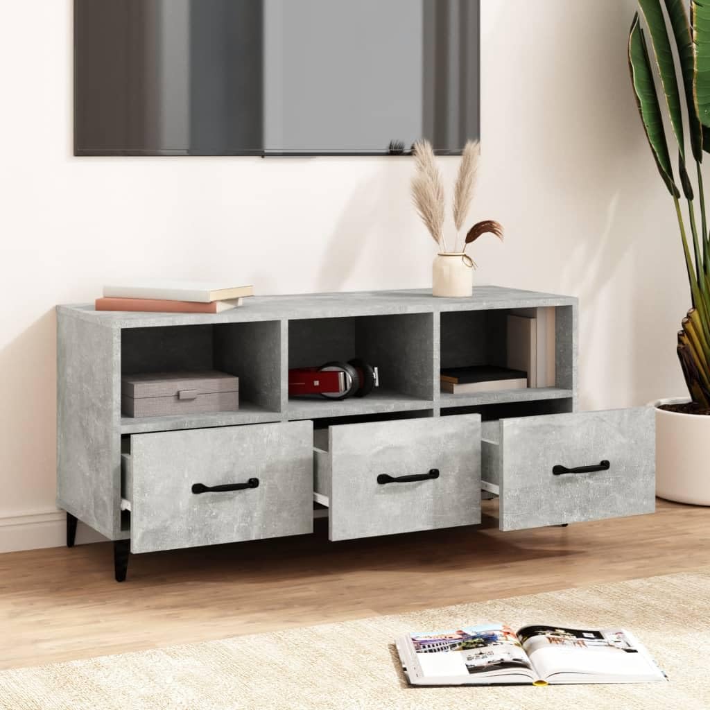 Nowoczesna szafka pod telewizor, betonowa szara, 102 x 35 x 50 cm, materiał drewnopochodny, z szufladami i półkami, do salonu, centrum rozrywki, stabilna konsola medialna
