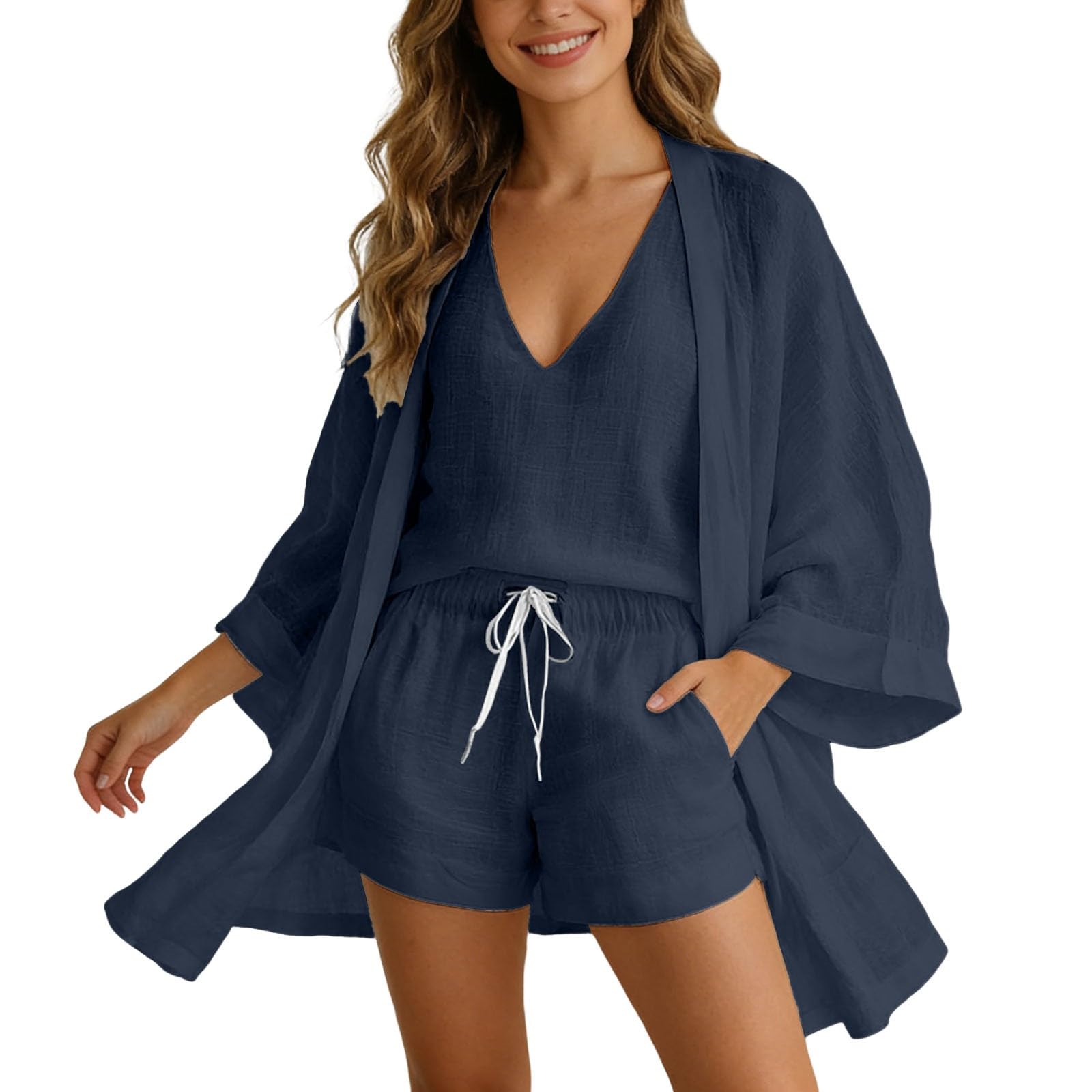 Genérico Conjunto Deportivo Mujer sin mangas atuendo ligero y transpirable pantalones cortos anchos ligero y transpirable con bolsillos ropa deportiva suave escote en U color sólido con bolsillos