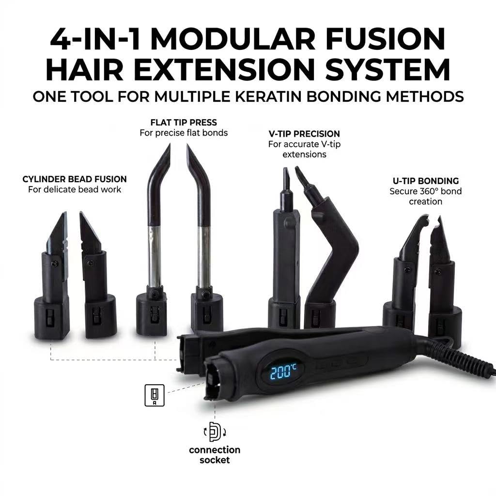 4-IN-1 Convertible Pro Fusion Tool Kit for Keratin Hair Extensions, Hot Fusion Iron Connector Machine, K Tip Pre Bonded Hair Extension Keratin bond Tool Kit, Black