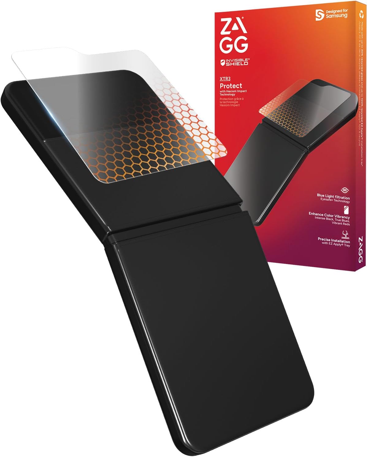ZAGG Glass XTR3 Samsung Galaxy Z Flip7 FE/ Flip6 Screen Protector (Front Screen Only) - Most Technologically-Advanced, Recycled Glass, Blue Light Filter, Anti-Reflective, Easy Installation