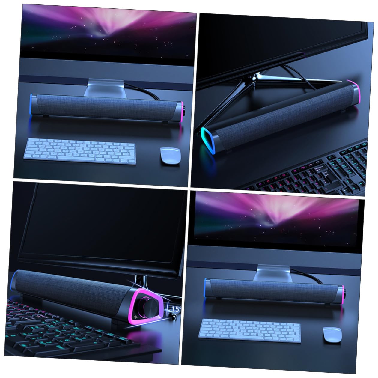 Barre de Son Design Portable Double Haut-Parleur pour Ordinateur Filaire Puissance 6w en Tissu Noir, pour Gaming et Usage à Domicile