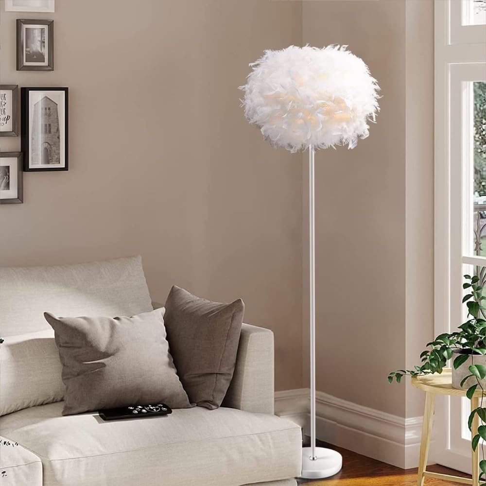 XINYASEE Lampara de Pie Salon 140CM, Lámpara de Pie con Interruptor de Pedal, Lámparas de Pie con Pantalla de Plumas para Dormitorio Salon Oficina Blanco
