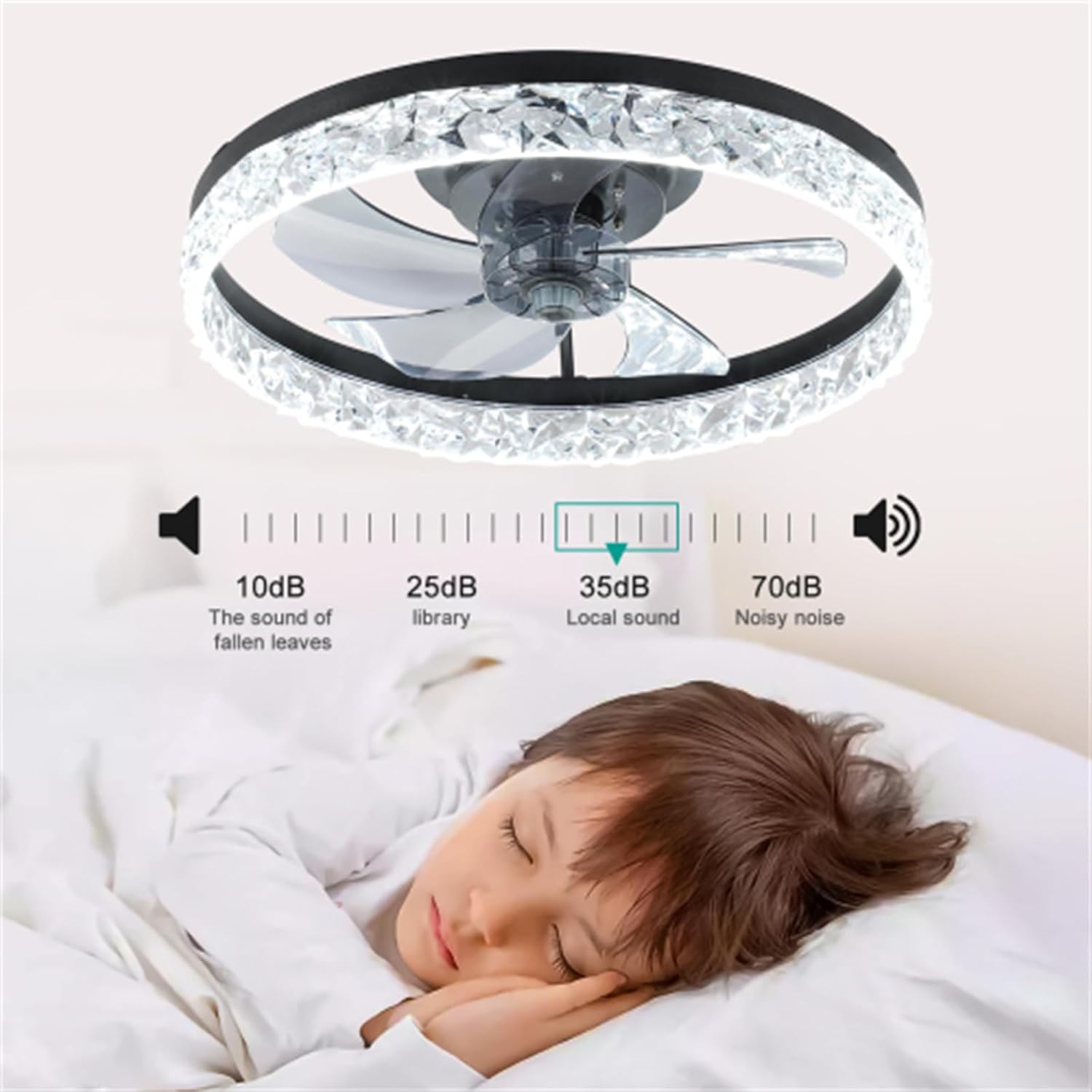 Ceiling Fan Light with dimmable LED Light, Integrated Lighting and Blowing, Black and Broken Acrylic Design Surface, 5 Blades, Forward/Reverse 6-Speed Fan Control, 3 Colors of Light