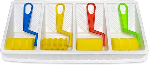 Hygloss Juego de rodillos de pintura para niños, 4 rodillos de espuma únicos para diseños creativos, incluye bandeja de pintura, divertidas esponjas