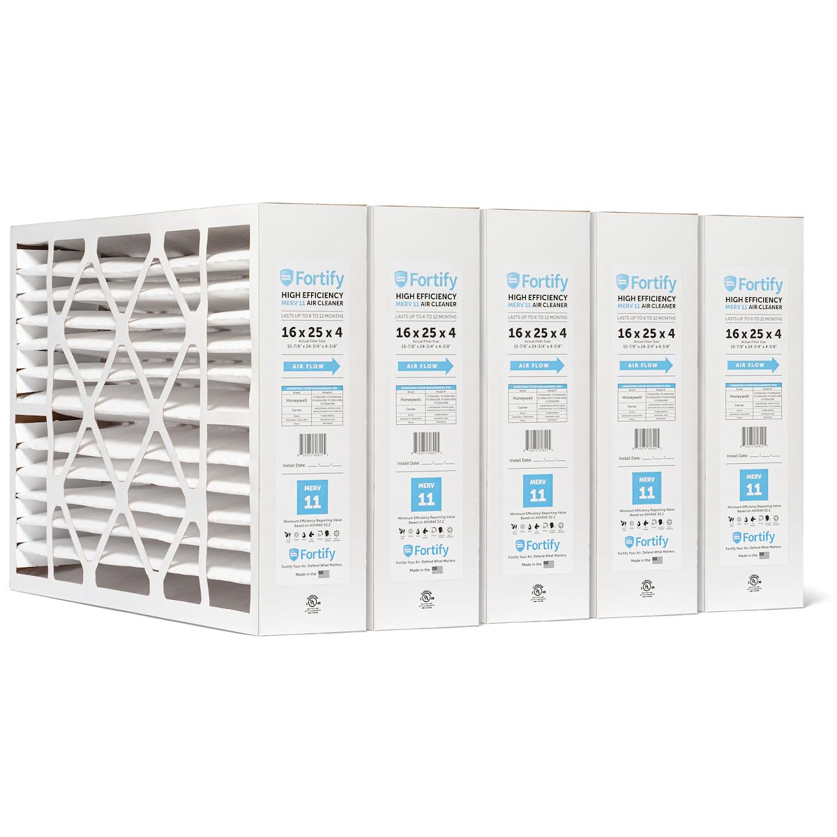 Fortify 16x25x4 MERV 11 Furnace AC Air Filter Fits Honeywell. Case of 5